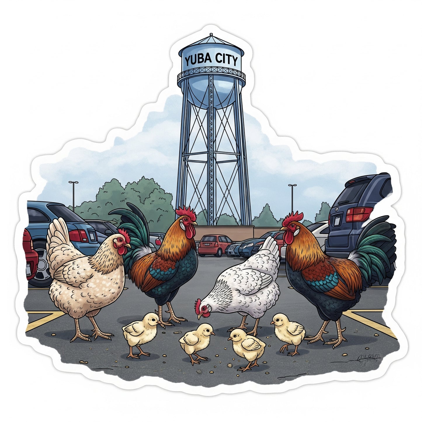 Yuba City Parking Lot Chickens of Yuba City and our Water Tower!