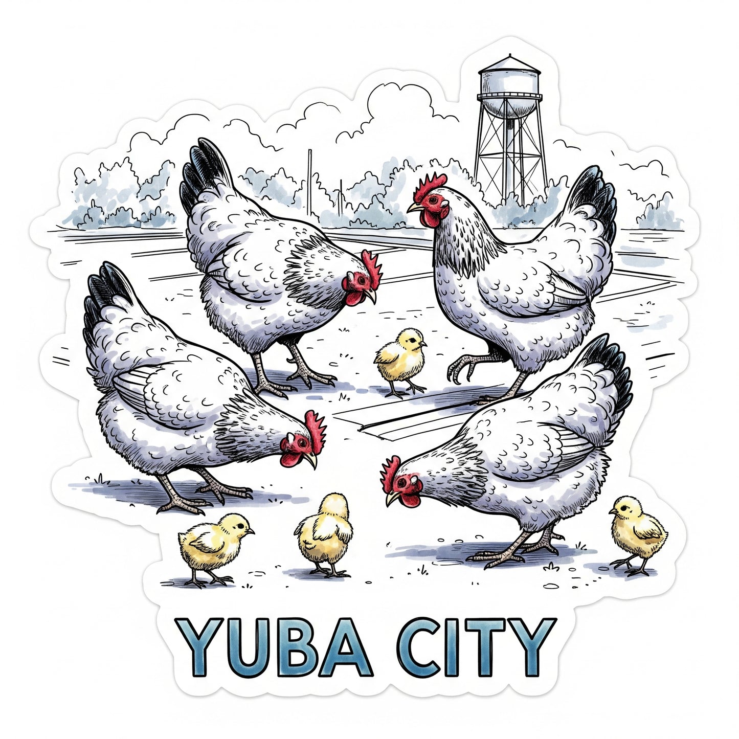 Yuba City Hand Drawn Parking Lot Chickens, Water Tower and Buttes!