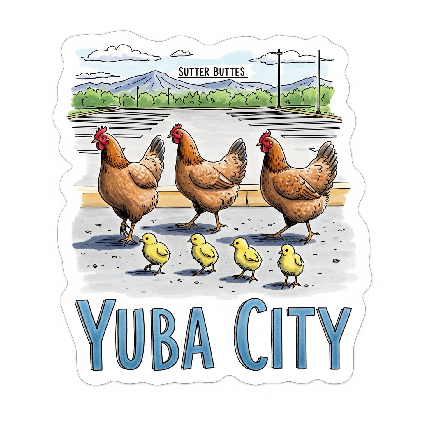 Yuba City Hand Drawn Parking Lot Chickens!