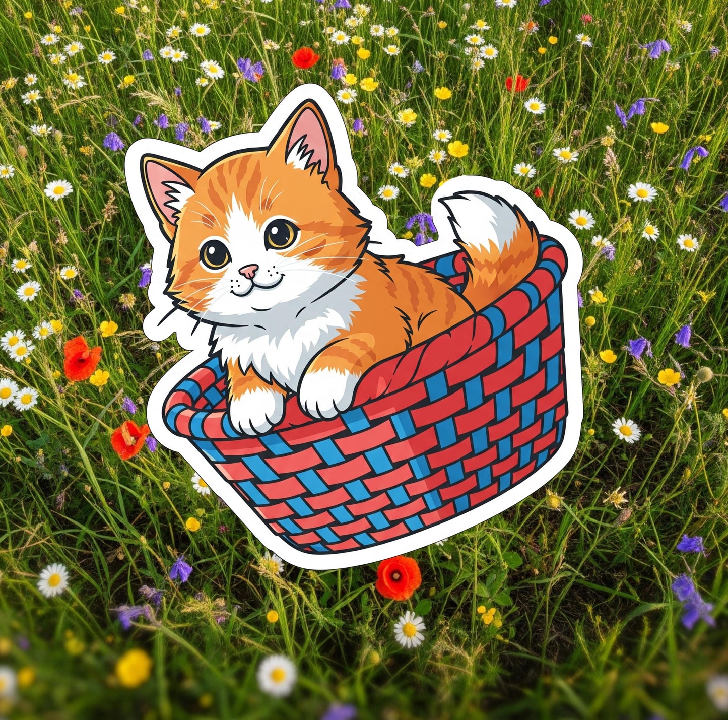 cutee cat stickers, cuddly cat sticker, basket cat sticker, vinyl waterproof cat sticker