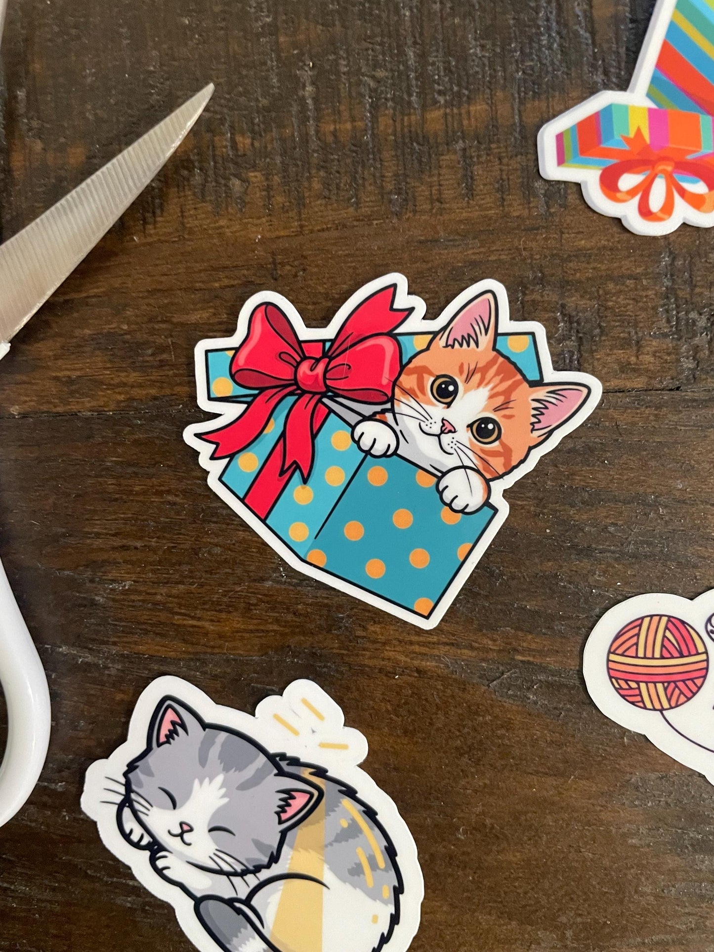 Kittie Christmas, Birthday Cat Sticker, Orange Tabby Cat Sticker