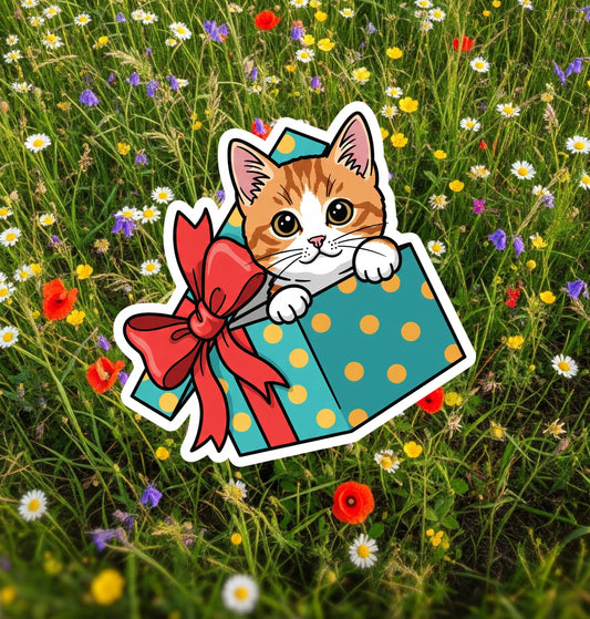 Kittie Christmas, Birthday Cat Sticker, Orange Tabby Cat Sticker