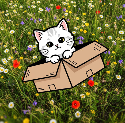 kittie sticker, cute kitty in a box, kitty box, laptop sticker, water bottle sticker, cute catful stickers, sticker cuteness animal